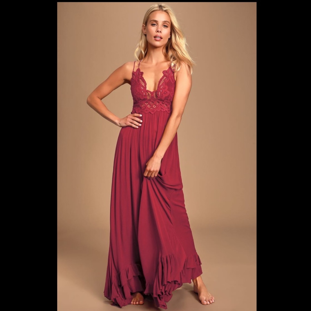 Free People Adella Maxi Slip Red Lace Dress